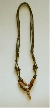 Earthenware and wood beads on knotted cord necklace.