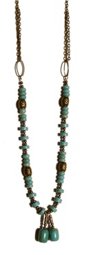 Two gold veined Turquoise beads hang from Turquoise and bronze beads necklace.