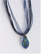 Navy blue Dichroic teardrop on organza ribbons necklace.