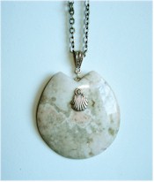 Small silver shell on pink and gray Ocean Jasper necklace.