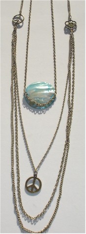 Pearly blue Mother of Pearl disk and multiple antique brass chains with peace symbols necklace.