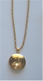 Bright, shiny gold locket on gold chain.